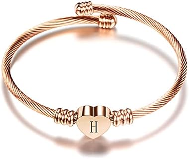 Alphabet A-Z Letter Bracelet for Women Heart Rose Gold Bangle Initial Cuff Gift Wrap Stainless Steel Wristband Birthday Anniversary