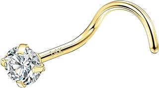 14K Solid Gold Nose Studs Rings 20g 18g, Moissanite Corkscrew L Shaped Nose Rings, Hypoallergenic 18 20 Gauge Nose Ring Piercing for Women Wen Gifts - 2mm 2.5mm 3mm Moissanite