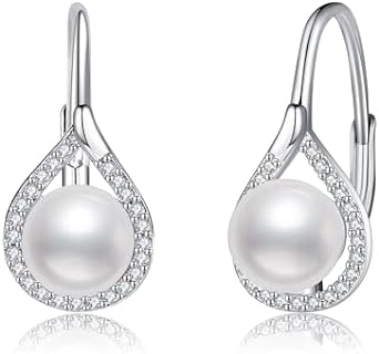Sterling Silver Pearl Hoop Earrings for Women with Lever Back Design, Elegantly Crafted 925 Sterling Silver 17mm 6mm Pearl Earrings