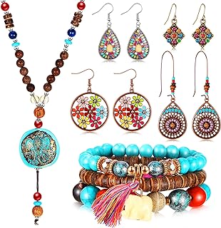 Kigeli Bohemian Vintage Dangle Jewelry Set Boho Retro Rhinestone Drop Earrings Multi-layer Beaded Leather Bracelet and Turquoise Bead Necklace Jewelry for Women Girls