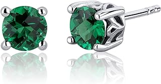 Peora Simulated Emerald Stud Earrings for Women 925 Sterling Silver, Solitaire Scroll Gallery, 1.50 Carats Total Round Shape 6mm, Friction Backs