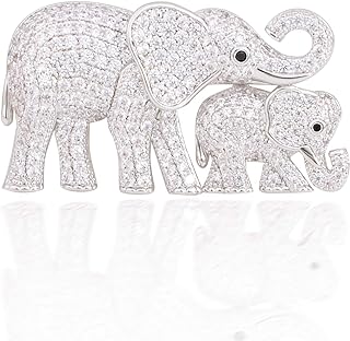 Pin Clasp Mother-Baby Elephant Brooch with Cubic-Zirconia Gems on Silver-plated Brass for Nature-Lovers, Crystal & Rhinestone Design