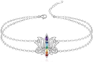 Women's Sterling Silver 7 Chakra Double-Chain Anklet with Cubic Zirconia Gems & Lotus Flower Design, Lobster Claw Clasp - Ideal Yoga Enthusiast or Birthday Gift