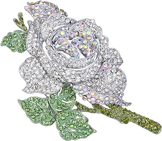 Pin Clasp Silver Leaf Brooch - EVER FAITH Women's Alloy Crystal Enamel Blooming Rose Design - No Gemstone - Elegant Accessory for Women