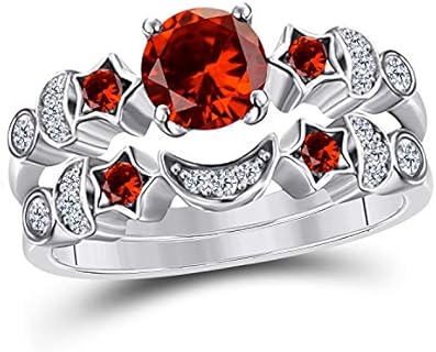 Moon Star Style Wedding Band Bridal Set 1.75 tcw CZ Garnet & Cubic Zirconia Round Engagement Ring Set Size 4 to 11