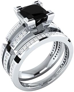 IDEALJEWEL95 2.60 ct Black Spinel & White Sapphire Sterling Silver Bridal Set Ring Sizable Engagement Ring/Wedding/Valentines
