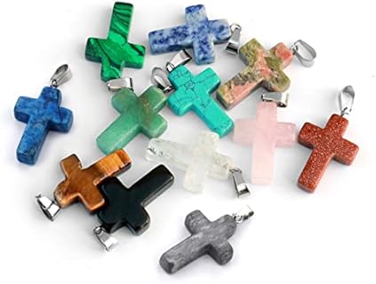 Natural Stone Cross Pendant Set with Round Clasp, Ideal for DIY Jewelry Projects - Cadikez 12-Piece Healing Crystal Quartz Charms for Beginners, Teens and Yoga Enthusiasts