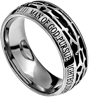 Crown of Thorns Stainless Steel Purity Ring for Men - Comfort Fit Christian Abstinence Jewelry with 1 Timothy 6:11 Inscription & Black Enameled Design