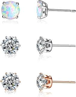 3 Pairs Stud Earrings Set, 14k Gold Plated Opal Studs Hypoallergenic Stainless Steel Cubic Zircon Stud Earrings CZ Diamond Earrings for Women Men Girls for Sensitive Ears