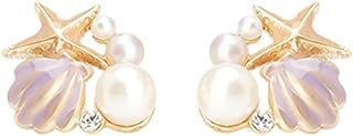 Shell Starfish Pearl Earrings Asymmetric Starfish Stud Earrings Rhinestone Shell Starfish Star Earrings Summer Ocean Beach Theme Jewelry for Women Teen Girls