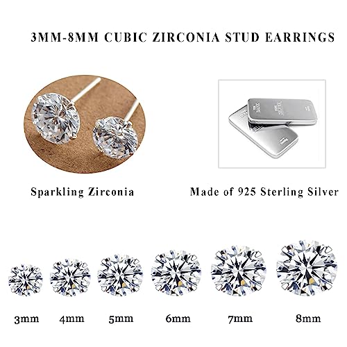 3 Pairs 925 Sterling Silver Cubic Zirconia Stud Earrings Set 3-8mm for Men Women