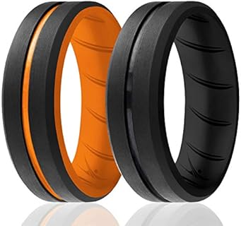 ROQ Silicone Rubber Wedding Ring for Men, Comfort Fit, Men's Wedding Band, Breathable Rubber Engagement Band, 8mm Wide 2mm Thick, Engraved Duo Middle Line, 2 Pack, Black & Orange, Size 12