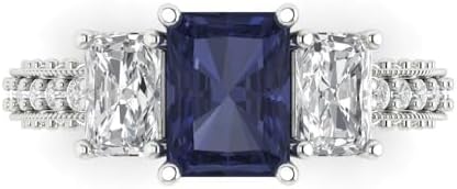 Clara Pucci 4.26 ct Emerald Cut 3 stone Genuine Simulated Blue Sapphire Engagement Promise Anniversary Bridal Ring 18K White Gold