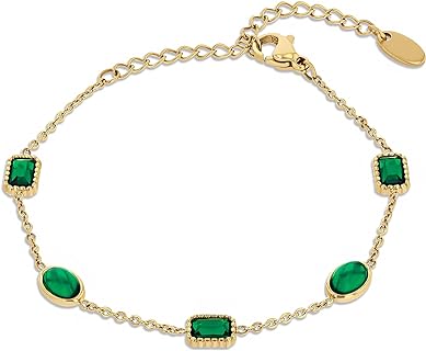 18K Gold Plated Tennis Bracelet for Women with Top-Quality Gold Plating over Durable Copper and Sophisticated Rolo & Box Chain - Emerald Cubic Zirconia with Lobster Claw Clasp by SNGIA