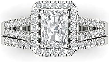 14k White Gold Wedding Band for Halo Ring with Cubic Zirconia for Her, Emerald-Cut Design by Clara Pucci