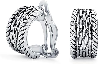 Gold Silver Plated Clip-On Chain Earrings with Rhodium-Plated Brass for Non-Pierced Ears - Grooved Twisted Rope Cable Chain Weave Half Hoop Design