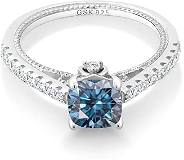Gem Stone King 925 Sterling Silver Persian Blue Moissanite and White Created Sapphire Engagement Ring For Women (1.27 Cttw, Cushion 6MM, Gemstone Birthstone, Available In Size 5, 6, 7, 8, 9)