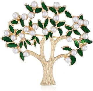 Lucky Pearl Tree Brooches for Women Men Girls Gold Tone Fashion Vintage Green Olive Leaf Brooch Pins Bow Tie Necktie Dress Accessories Jewelry Tree of Life Design Lapel Stick Pin for Hat Bag Suit