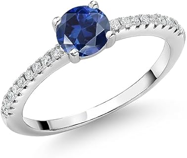 Gem Stone King 925 Sterling Silver Blue Created Sapphire and White Lab Grown Diamond Engagement Wedding Anniversary Ring For Women (0.69 Cttw, Round 5MM, Available In Size 5, 6, 7, 8, 9)