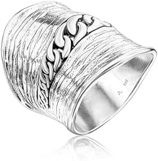 Handcrafted 925 Sterling Silver Statement Shield Ring, Distinctly Vintage with Casual Elegance for All - Floral Leaves and Curb Chain Design