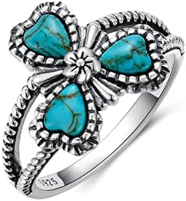 Handcrafted 925 Sterling Silver Natural Turquoise Clover Engagement Ring, Perfectly Shaped Heart Stones for Women, Boho Lucky Ring Gift