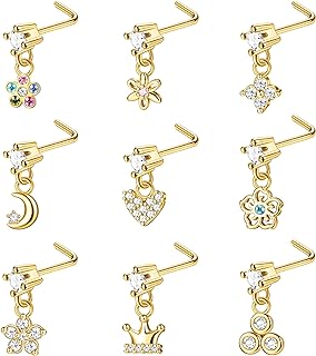 YADOCA 9-Pack Cubic Zirconia Dangle Nose Studs - 20G Surgical Steel L-Shaped Piercing Jewelry in Heart, Butterfly, Flower & Moon Designs for Men and Women