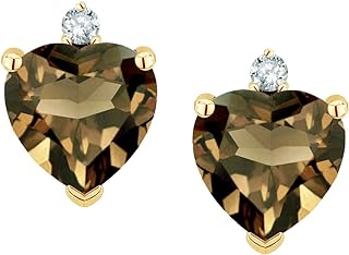 Star K Heart-Shaped Smoky Quartz & Diamond Stud Earrings in Solid 14k Yellow Gold, Push Back Design for Women