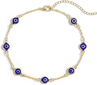 Women's 14K Gold Plated Evil Eye Anklet with Lobster Claw Clasp and Bead Chain Design by SLOONG, Adjustable Size