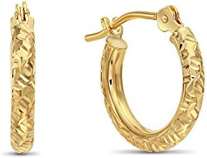 14k Gold Hand Engraved Diamond-cut Round Hoop Earrings, (0.5 inch Diameter)