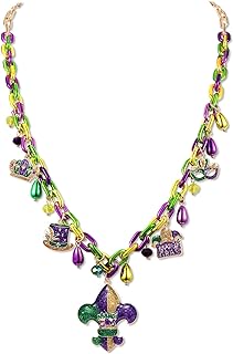 Glittery Fleur De Lis & Mask Pendant Necklace, Mardi Gras Themed, Link Chain, Alloy Metal, Perfect Party Accessory for Women