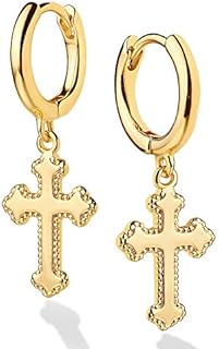 DREMMY STUDIOS 14K Gold Plated Cubic Zirconia Cross Hoop Earrings with Clutchless Back Finding for Women