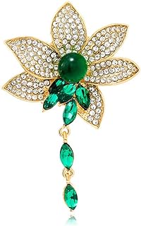 Rhinestone Long Flower Brooch Pin for Women Girls Gold Plated Fashion Marquise Green Crystal Lotus Leaf Brooches Lapel Pins Dainty Dress Accessories Cute Wedding Christmas Thanksgiving Jewelry Gift Souvenir for Her