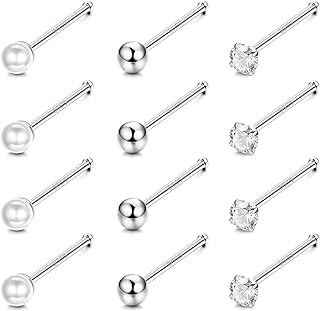 Sllaiss 12Pcs 20G Nose Rings Stud Sterling Silver Small Ball Pearl CZ Nose Studs For Women Men Nose Piercing Jewelry 1.5mm 2mm
