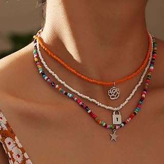 ELABEST Boho Layered Beaded Necklace Rainbow Colorful Beads Choker Flower Lock Star Pendant Chain Beach Hawaiian Costume Jewelry for Women and Girls