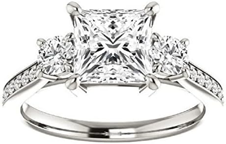 Adjustable 18K White Gold Princess Cut Moissanite Engagement Ring for Women with Additional Side Stones - Handcrafted, 2 Carat, Three-Stone Design