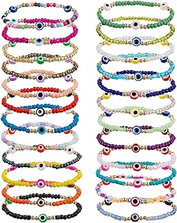 24 Pcs Beaded Evil Luck Eye Bracelets- Elastic Handmade Protection Bracelet Durable Mexican Bracelets Delicate Mal De Ojo Bracelets Evil Luck Eye Jewelry for Women Girls Boys Lucky Gift (Random Color)