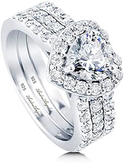 Engagement Ring Set 2 Pcs | Solid Sterling Silver 925 Rhodium-Platinum Plated | Cubic Zirconia Gemstones Grade AAAAA+ Visually similar to Diamonds Heart-Cut 1.25 Carat | Wedding Promise Anniversary Bridal Valentines | Design A43