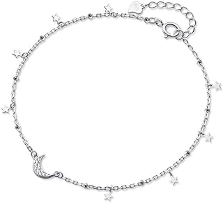 Dainty Star Crescent Moon Anklet Sterling Silver 925 Dangling Charm CZ Crystal Adjustable Foot Ankle Bracelet Sandbeach Party Foot Chain Summer Jewelry Gifts for Women Girls BFF