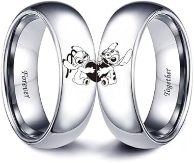 Stitch & Angel Couple Rings for Him and Her Love Heart Forever Together Anniversary Promise Wedding Band Stainless Steel Lovers Ring