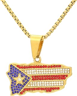 SHIMERITI Hip Hop Jewelry 18K Gold Plated Iced Out Rhinestones Necklace Stainless Steel Puerto Rico Pendant Necklace