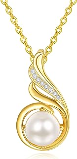 Gold-Clad Sterling Silver Pendant Necklace with Single Simulated Pearl - Rolo Chain Backfinding - Elegant Gift for Women/Girls - TANGPOET White/Black Pearl Design