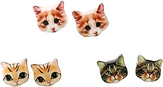 Cute Cat Stud Earrings by CUTIEJEWELRY - Charming Kitty Design with Secure Push Back Closure - Durable Base Metal - Set of 3 Pairs for Girls and Women-Great for Daily Wear or Gifting
