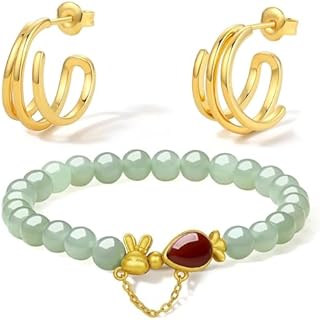 Whimsical Rabbit Carrot Red Agate Green Jade Bracelet & Sterling Silver Stud Earrings Set for Women