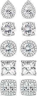 sailimue 5 Pairs Stainless Steel Cubic Zirconia Stud Earrings Set for Women Men Brilliant Round Square Teardrop Faux Diamond Halo Earrings CZ Piercing Earrings Jewelry Gifts