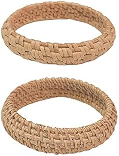 Handmade Round Woven Gold Bracelet with Braided Chain and Wood Gem for Women - Dainty Rattan Geometric Design