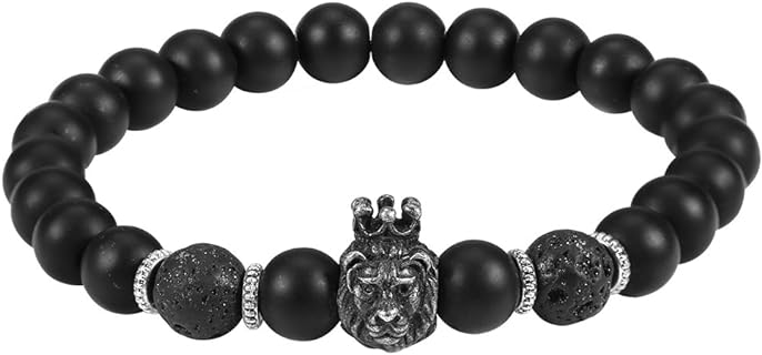Pissente Men Bracelet, 8.5mm / 0.33inch Round Beads Bracelet Men Beaded Black Lion Head Charm Bracelet Stone Bead Bangle with Adjustable Band Fashion Jewelry for Most Men'S Wrist Girths