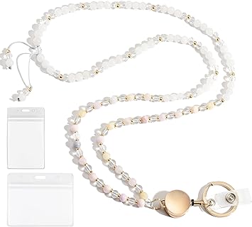 Handmade Chic Beaded Lanyard Necklace with Hetian White Jade and Retractable Reel for Women - Ideal for ID Badges and Keys