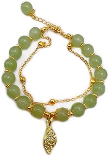 Hotan Jade Leaf Bracelet Natural 2-Layer Green Nephrite Jade Bracelet for Women Round Bead Design with Zircon Leaf Charm Bracelet,Lucky Jade Bracelet Ladies Jewelry
