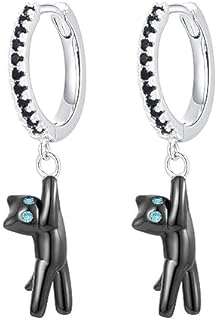 Copper Cat Dangle Hoop Earrings with Cubic Zirconia for Women and Girls, Small Huggie Hoops with Animal Pet Design