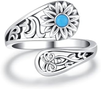 Adjustable 925 Sterling Silver Sunflower Engagement Ring with Turquoise Gem for Women, Antique Spoon Ring Design